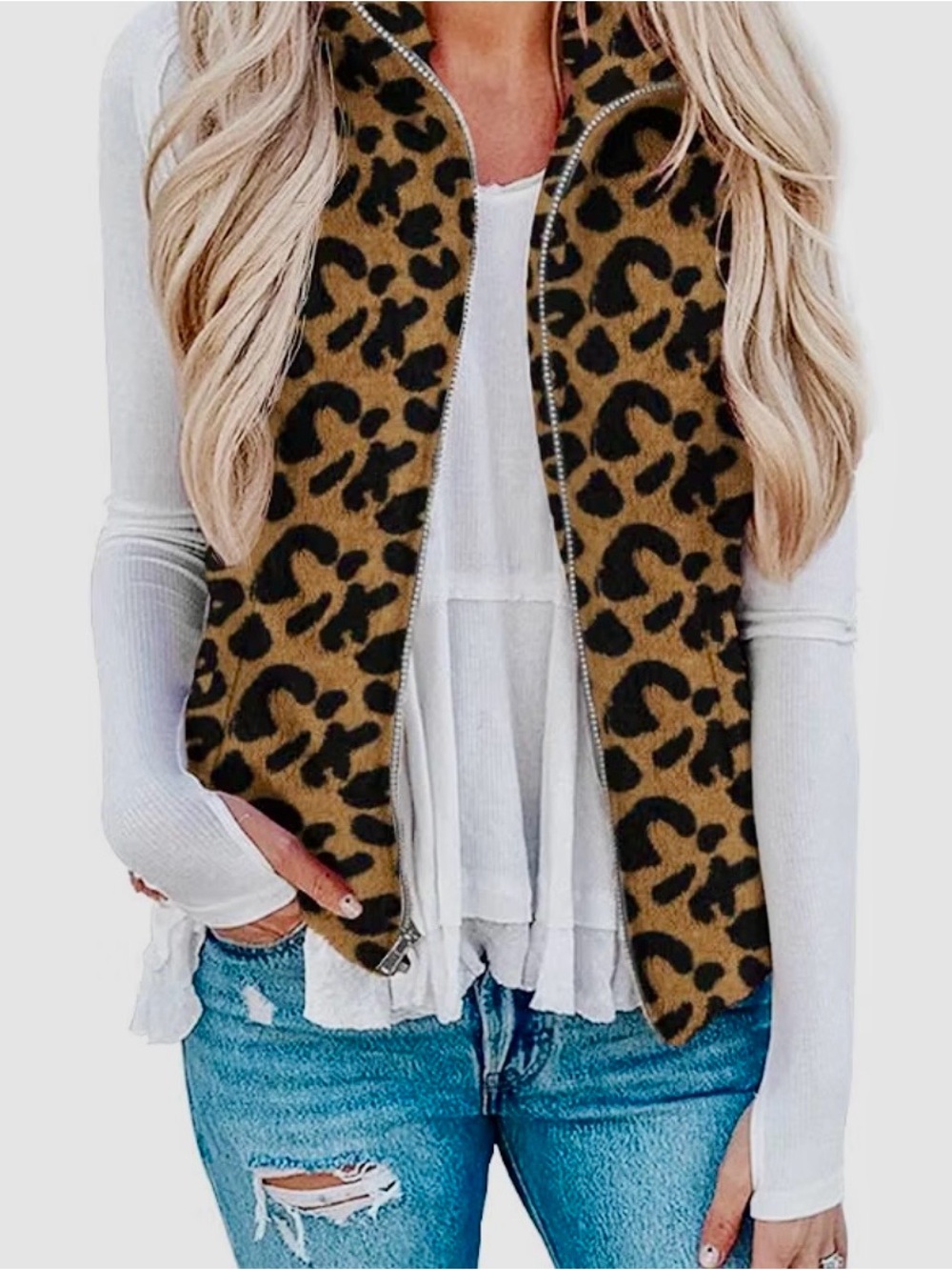 Lomon women’s XL Sherpa lined Leopard Print Zip-Front Vest tiger Animal print